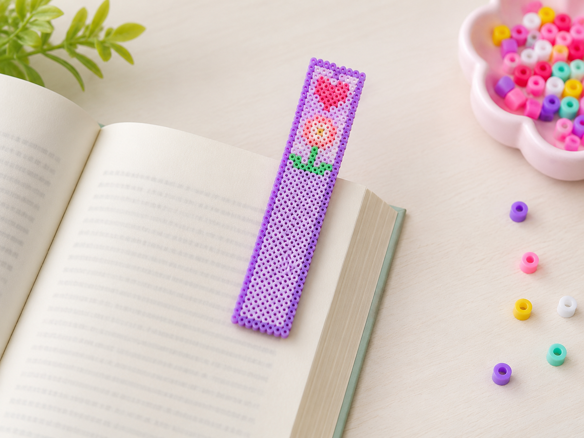 Long purple flower fuse bead bookmark placed inside an open book