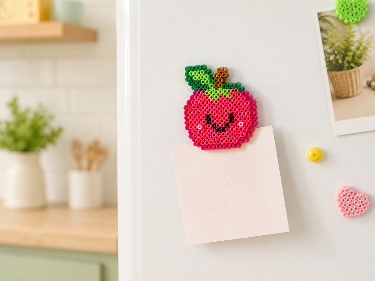 Cute fruit shaped fuse bead magnet on a white refrigerator door
