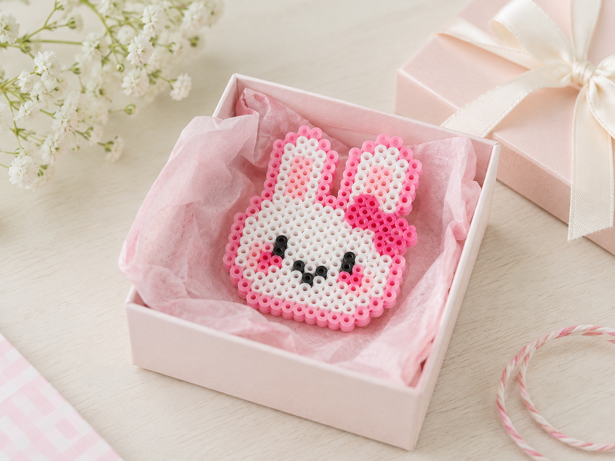 Cute bunny fuse bead craft placed in a pastel gift box