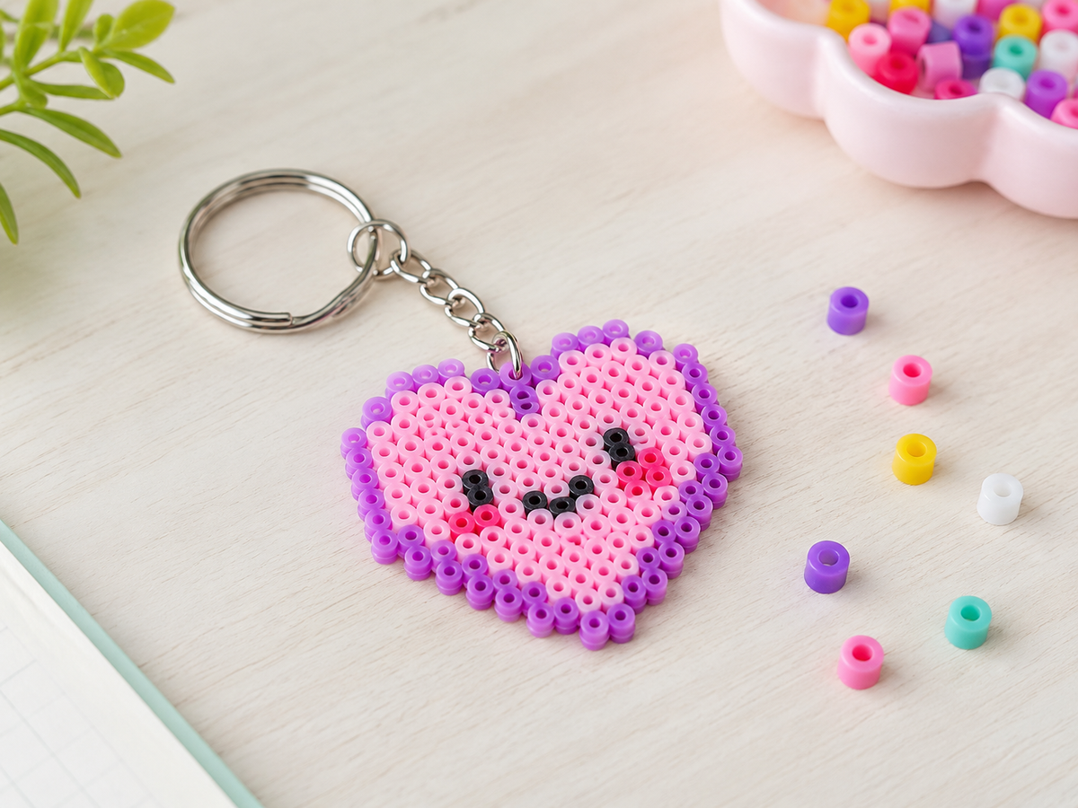 Pink heart shaped fuse bead keychain on a light craft desk
