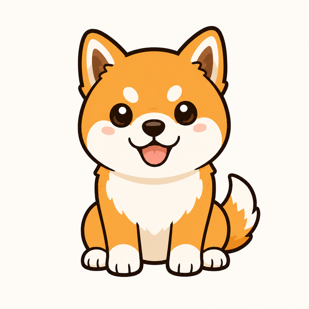 Kawaii sitting orange dog with cream chest and happy face
